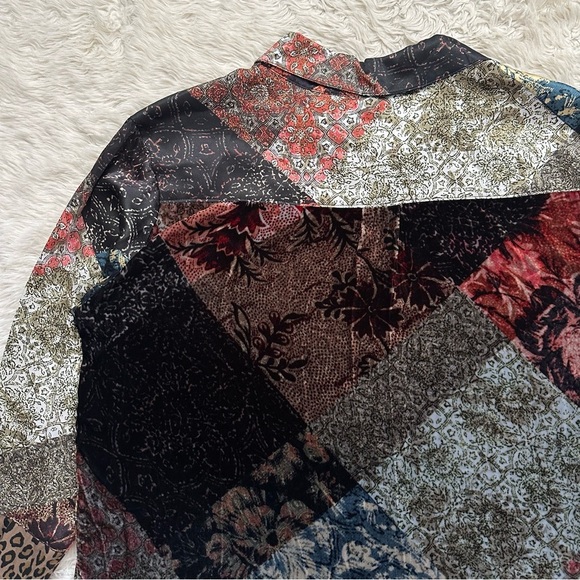 Johnny Was Workshop Top Mabel Printed Silk Button-Up Velvet Back Long Sleeve M - Picture 6 of 14